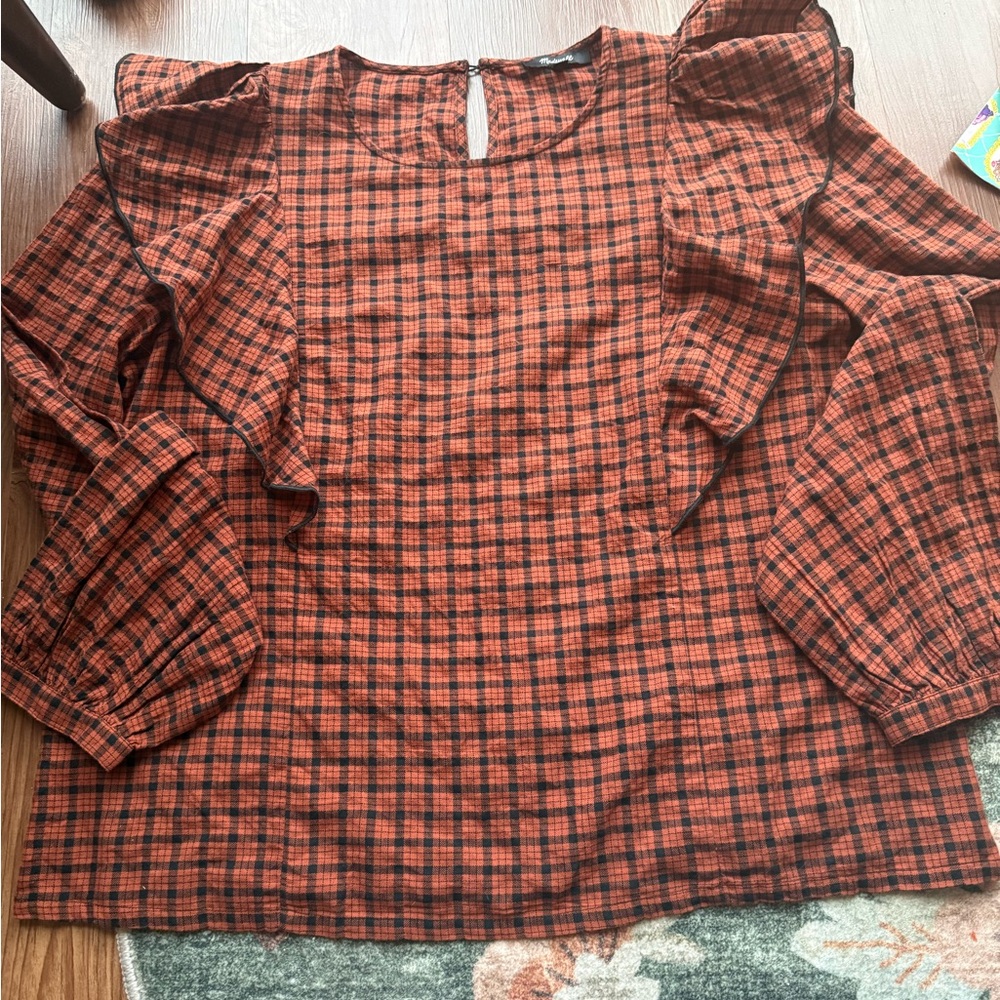 Madewell Red and Black Checkered Ruffle Blouse